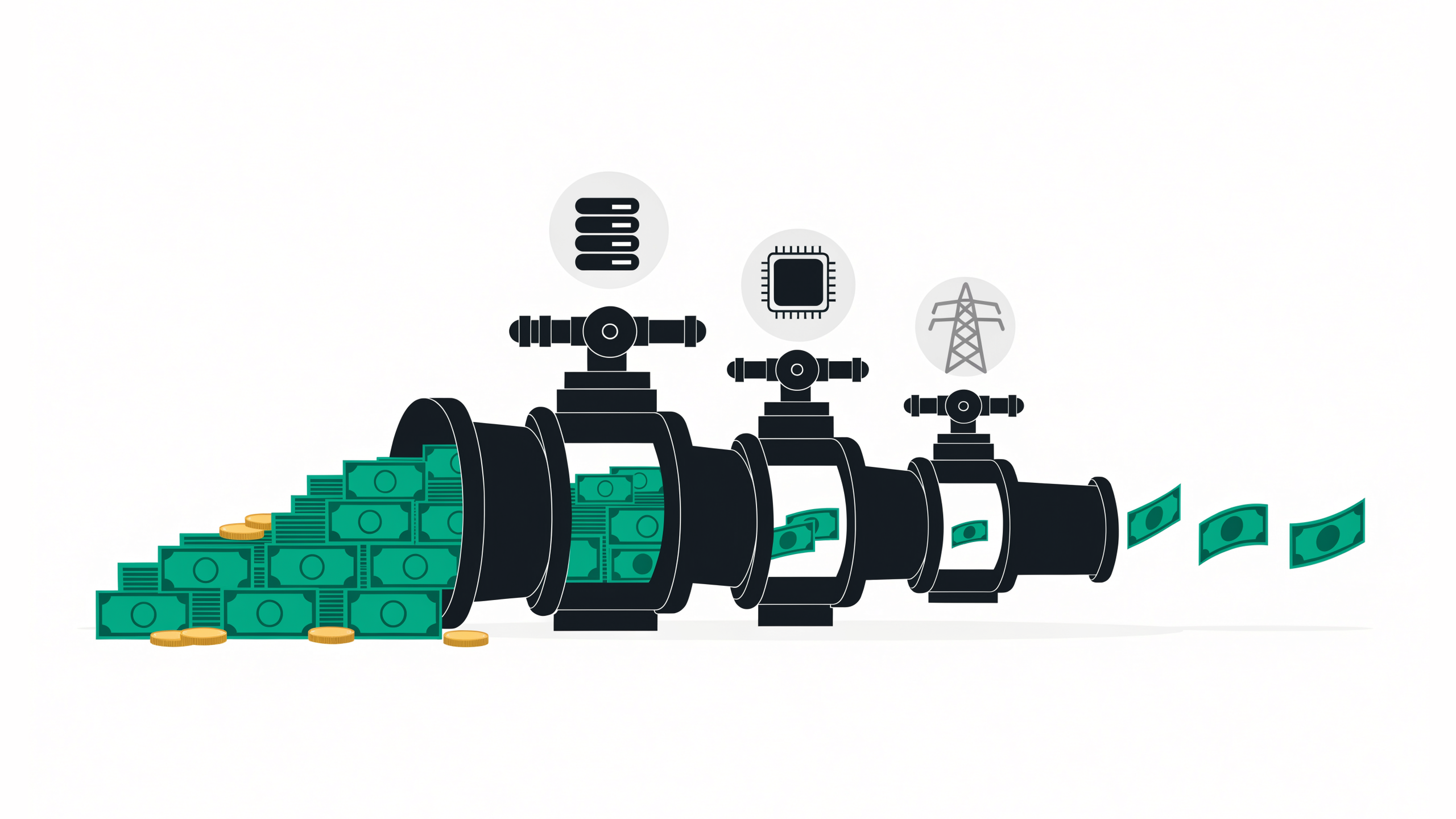 Flat illustration of a big pile of green banknotes feeding a pipe with three shrinking valves, marked by a server rack, a memory chip, and a power pylon, with only a few notes coming out the other end.
