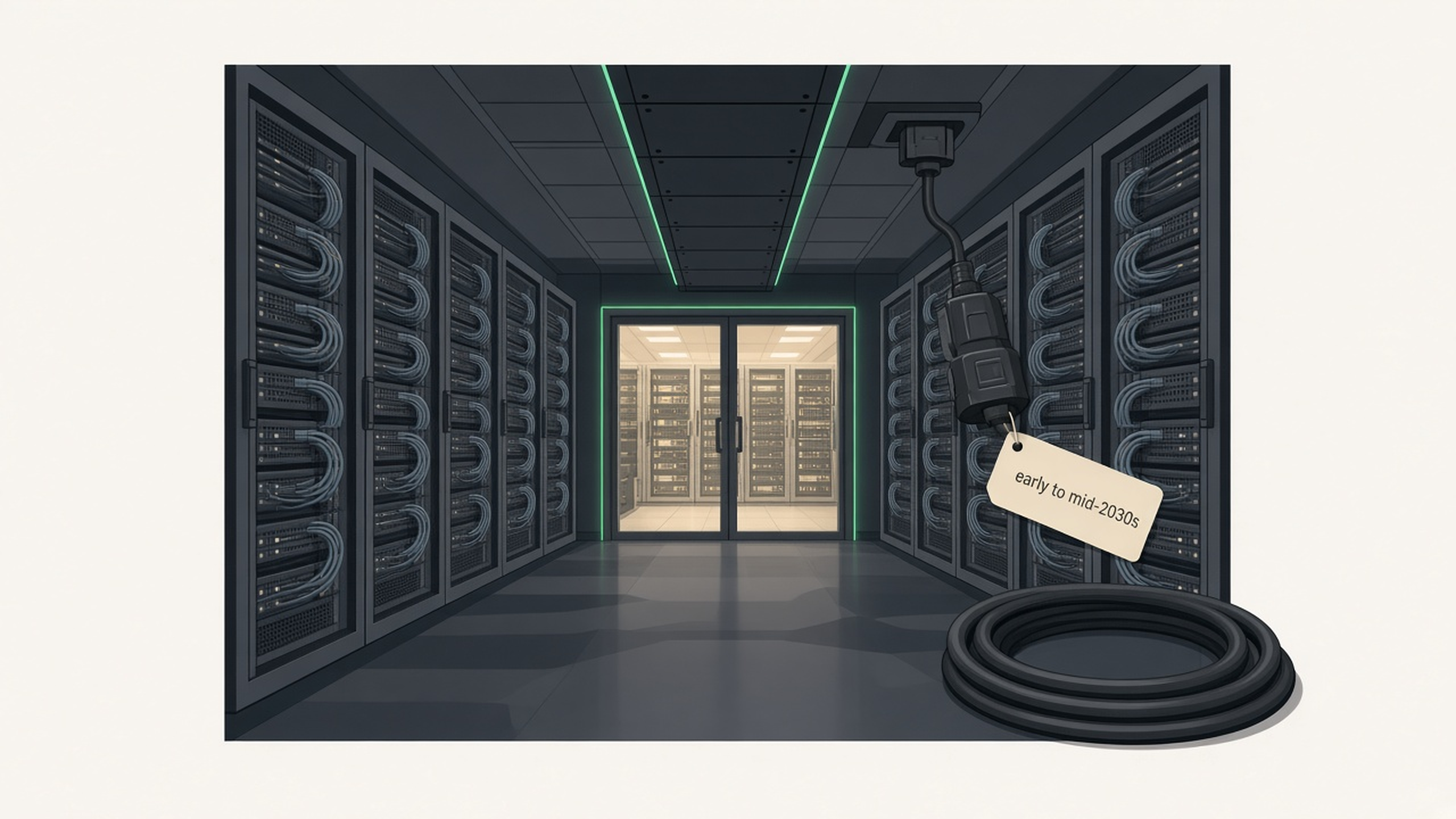 Finished AI server racks in a dark aisle with the main power cable unplugged and tagged for the early to mid-2030s.