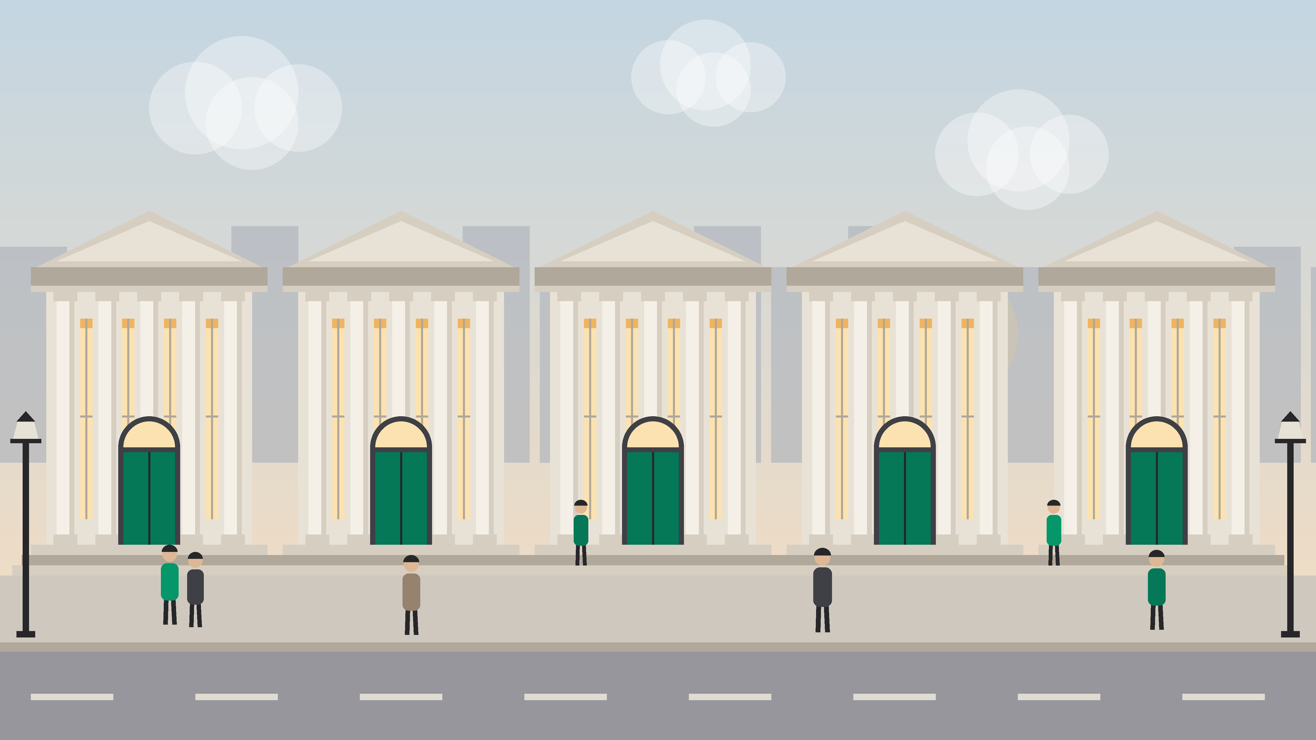 Flat illustration of a row of classic stone bank buildings with columns on a city street at early dusk, warm light glowing in the windows, green doors, and a few small people on the steps and sidewalk.