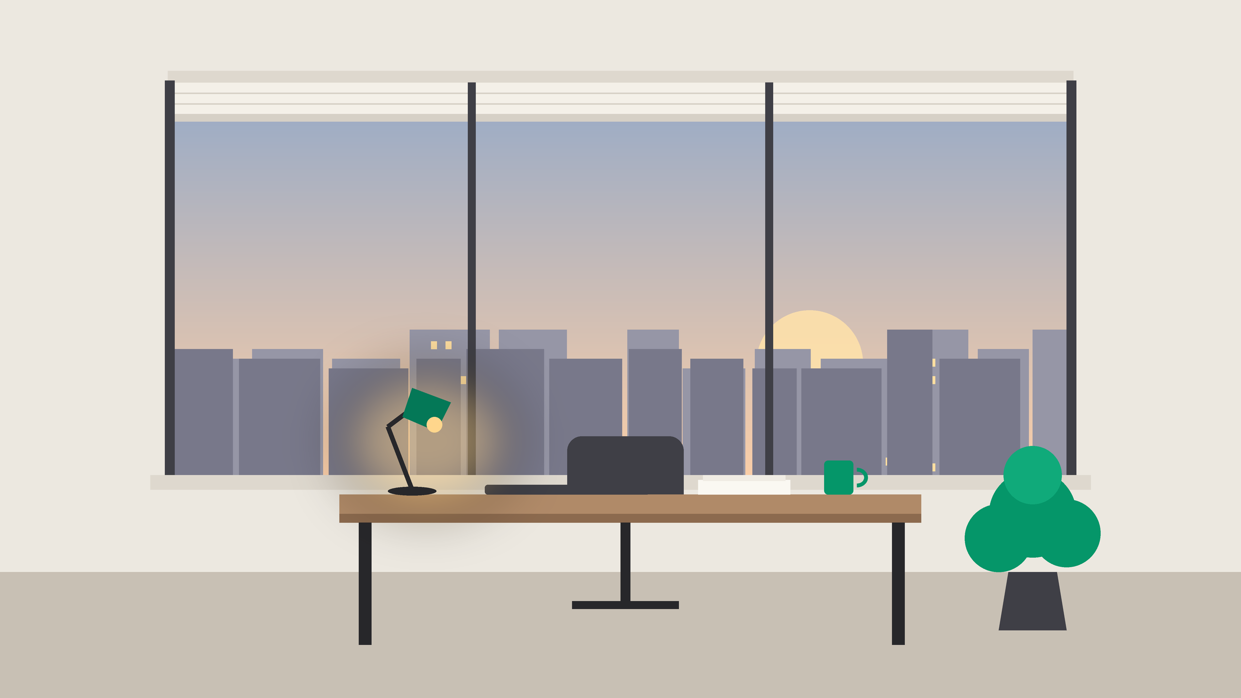 Flat illustration of a quiet corporate office at dusk, with a wide open window looking out over a city skyline, an empty desk with a glowing desk lamp, a green mug and a potted plant.