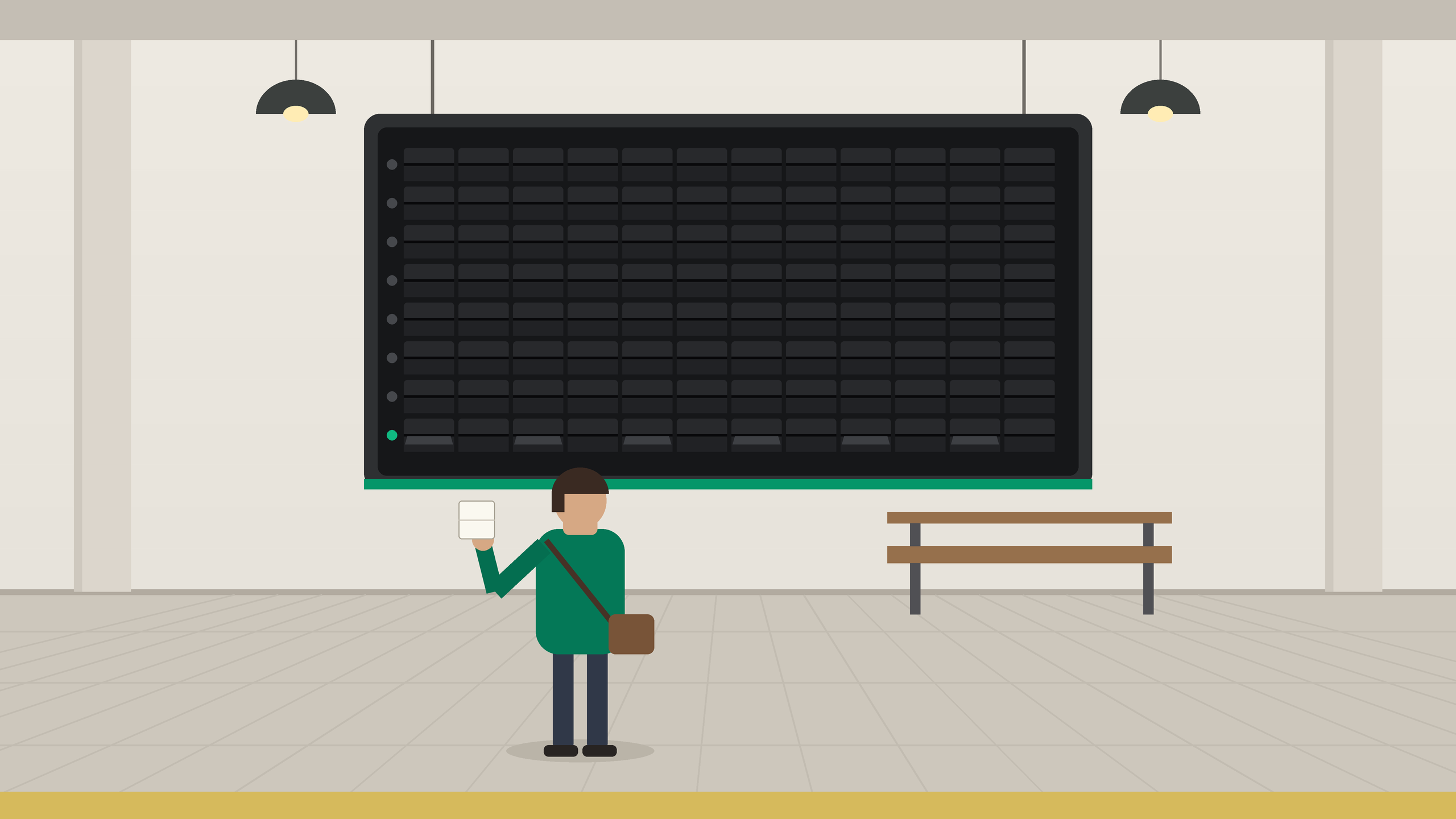 Flat illustration of a quiet train station concourse with a large blank split flap departures board of eight rows, the bottom row mid flip, a wooden bench, and a lone traveler holding up a ticket.
