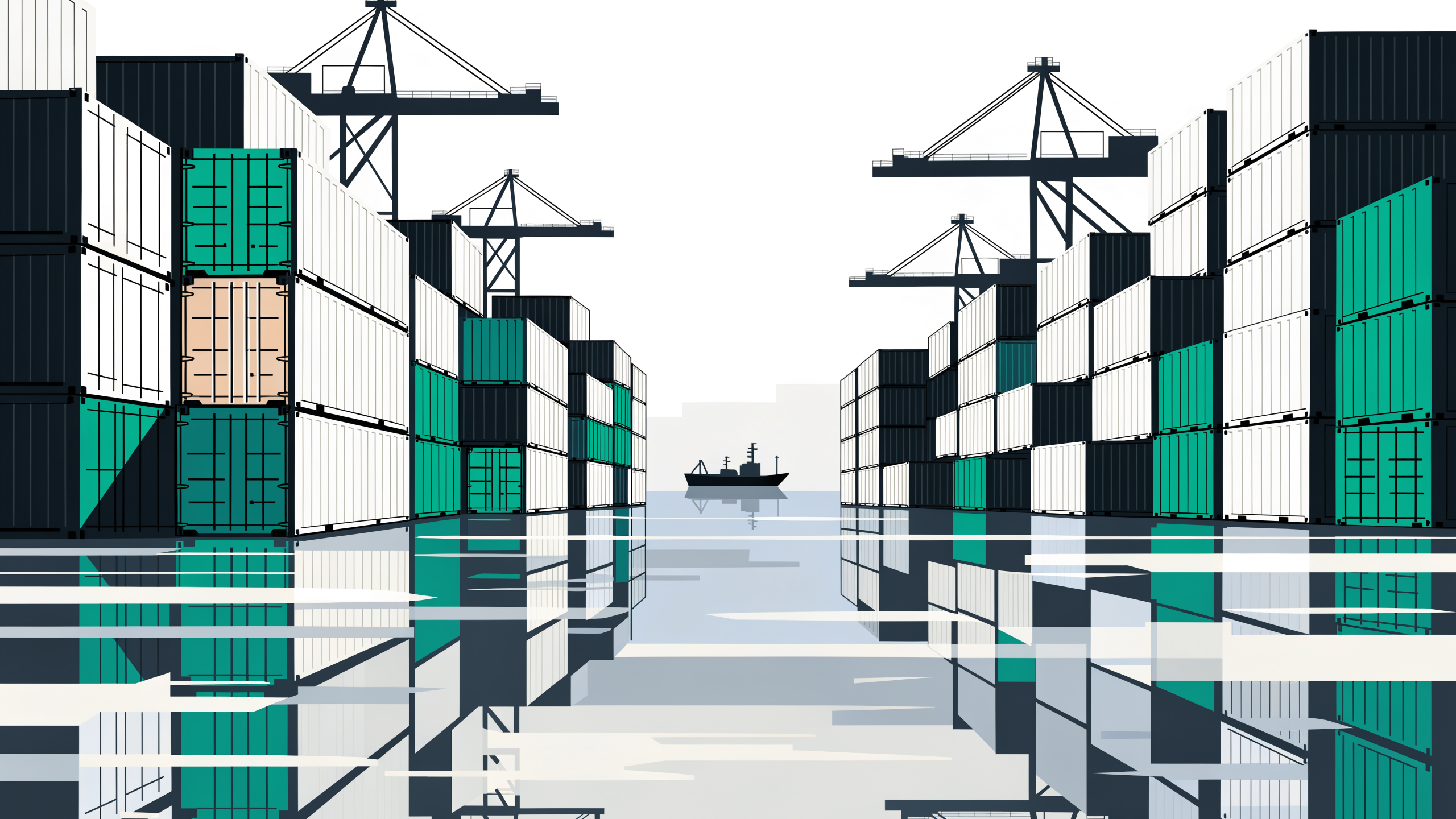Flat illustration of a freight port with stacked shipping containers in charcoal, white, and emerald, gantry cranes overhead, and a container ship on the horizon.