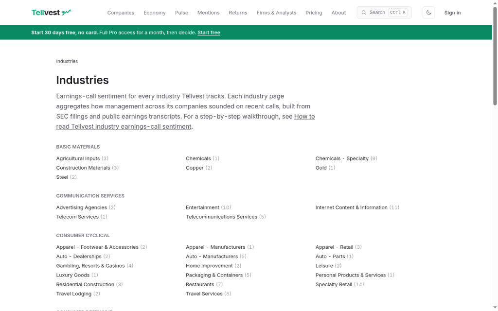 Tellvest Industries index in light mode, industries grouped under sector headings