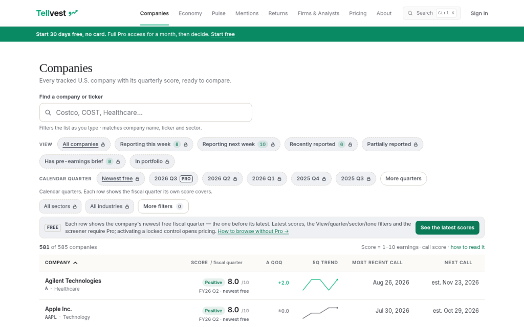 Tellvest Companies screener in light mode with View, Calendar quarter, and Sector / Industry discovery controls