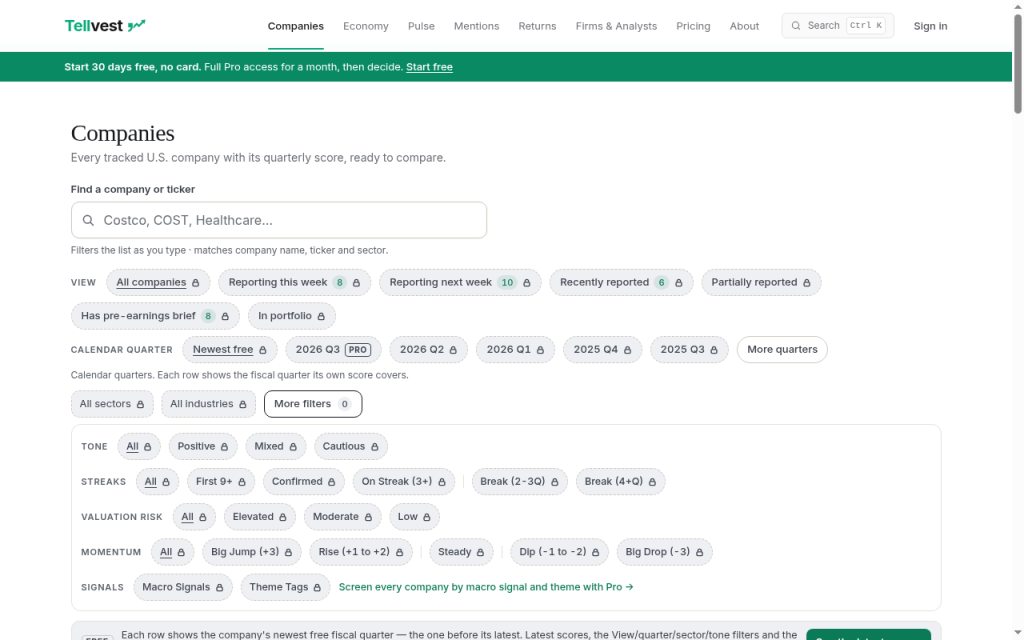 Tellvest Companies More filters open in light mode showing Tone options and Signals entry