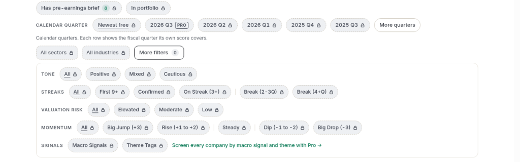Tellvest Companies screener in light mode showing the locked Signals line to screen by macro signal and theme with Pro