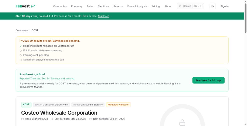 Tellvest COST company page in light mode with Pre-Earnings Brief card showing a brief is ready