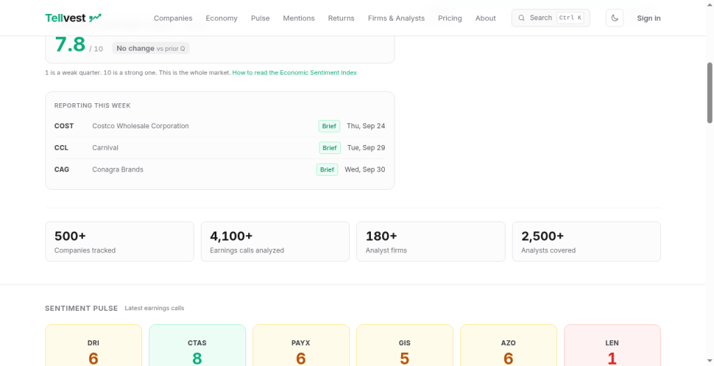 Tellvest homepage in light mode with Reporting this week Brief badges