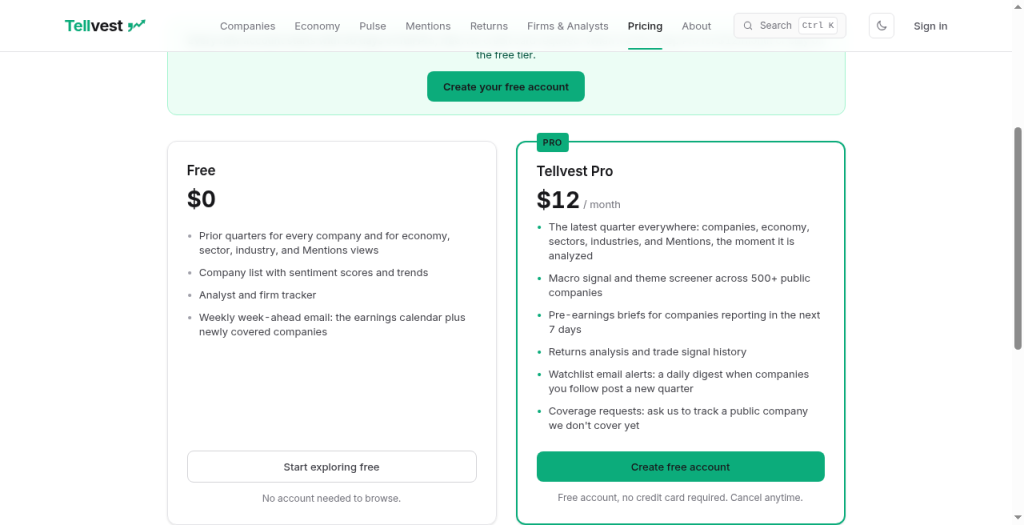 Tellvest Pricing page in light mode with Free and Pro cards including pre-earnings briefs